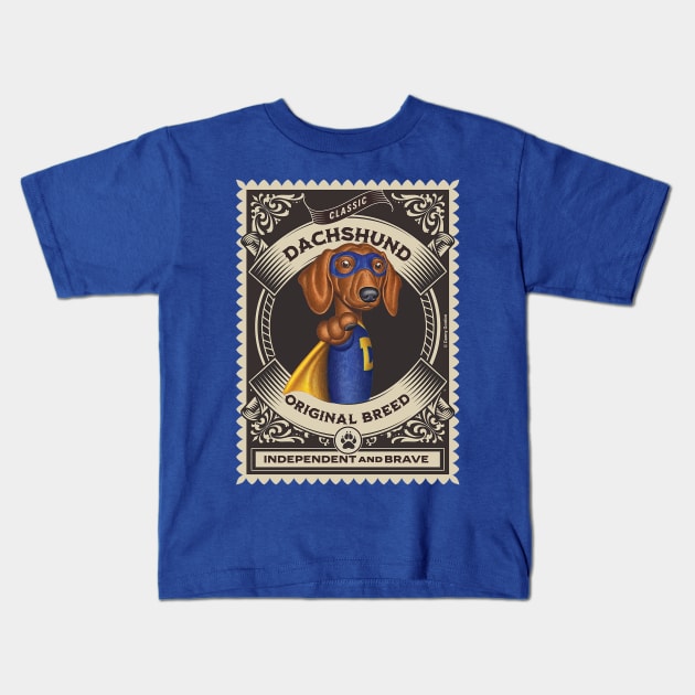 Cute Superhero Dachshund in blue mask and yellow cape Kids T-Shirt by Danny Gordon Art